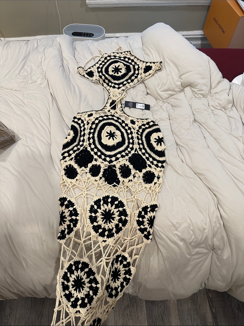 Handmade Black and Cream Crochet Wall Hanging - Home Accents